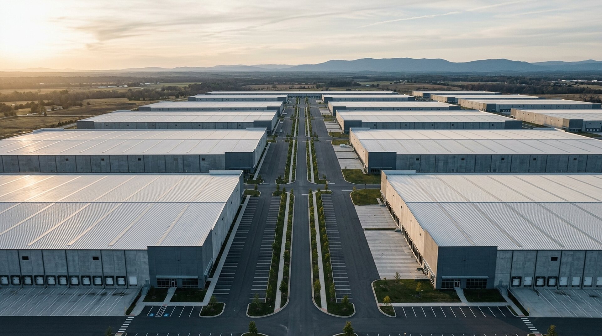 Aerial view of a modern industrial logistics park at dusk, rows of distribution buildings flanking a central boulevard.